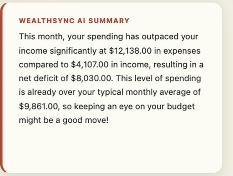 The WealthSync AI summary explaining a month in plain English: spending outpaced income, with the exact figures