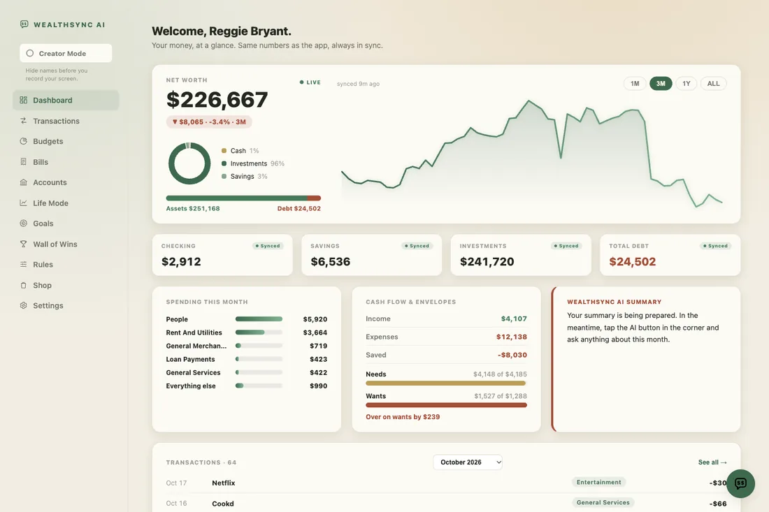 Net worth, spending by category and cash flow on one dashboard
