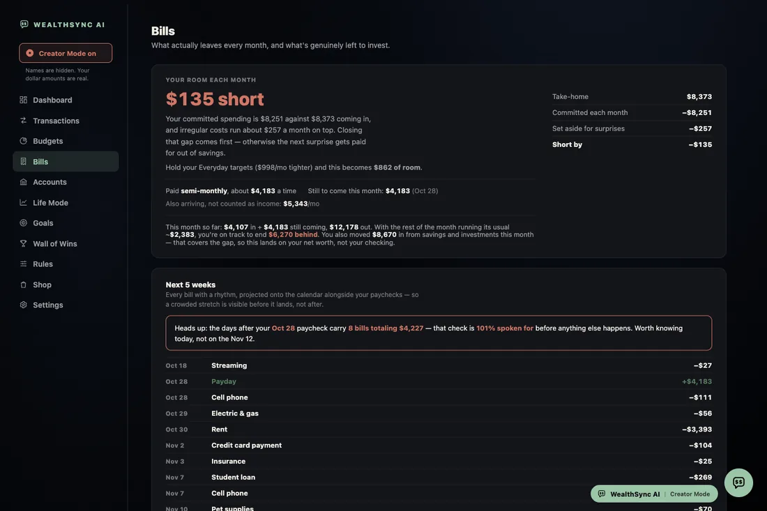 WealthSync AI listing committed bills and what is genuinely left to spend