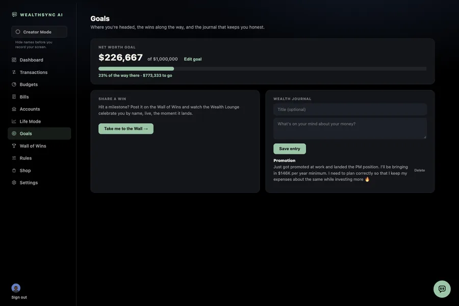 Goals tracked over time in WealthSync AI