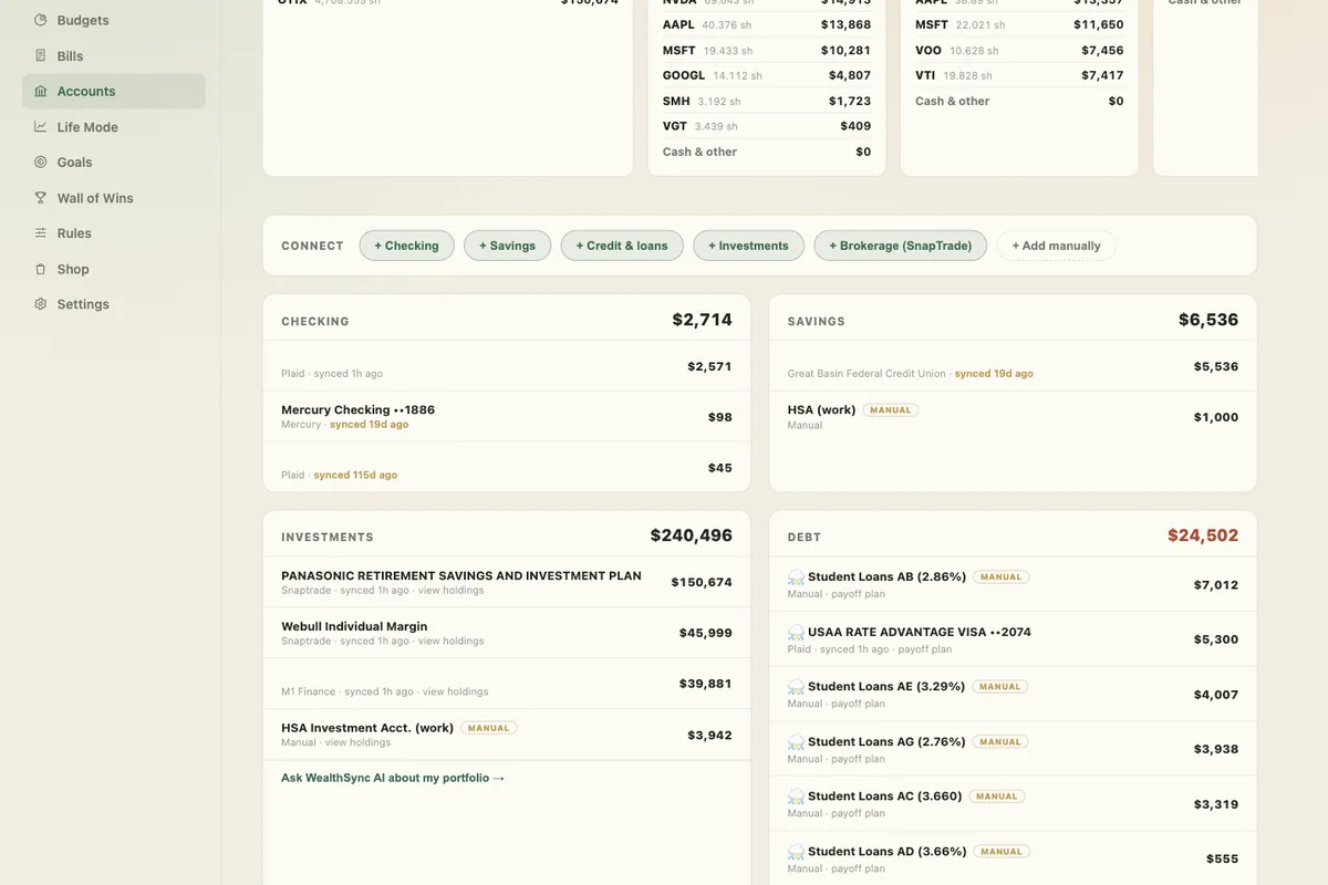 The WealthSync AI accounts screen with every account and its balance in one list