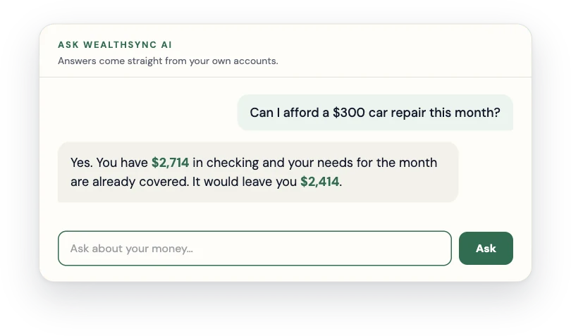 Ask WealthSync AI answering whether a $300 car repair is affordable, using the real checking balance