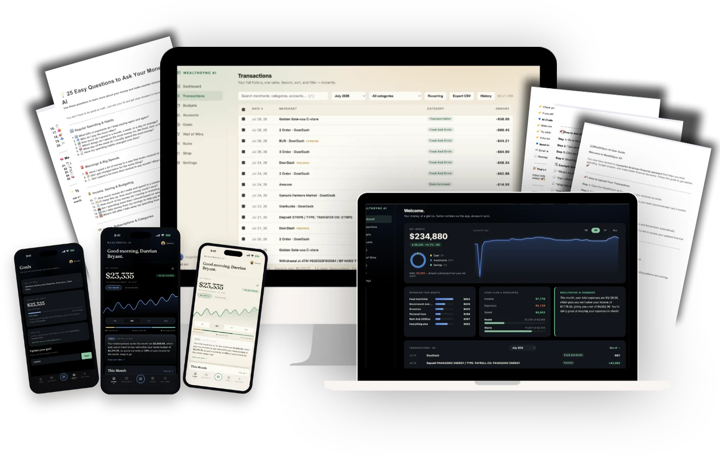 WealthSync AI across a laptop, a desktop monitor and four phones, showing the dashboard, the full transactions list, goals, and the printed guides that come with it