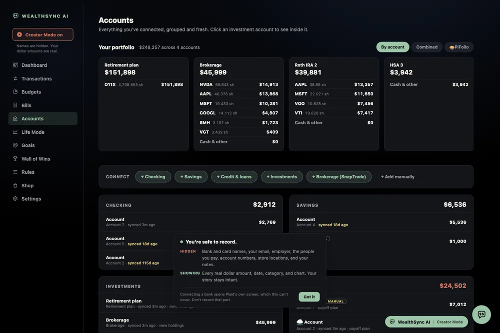 Every account and its balance in one WealthSync AI view