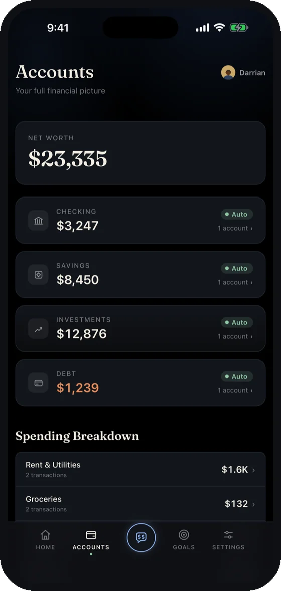 Connected accounts and balances in the WealthSync AI app