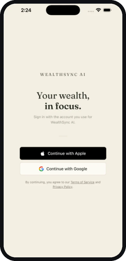The WealthSync AI sign in screen on iPhone