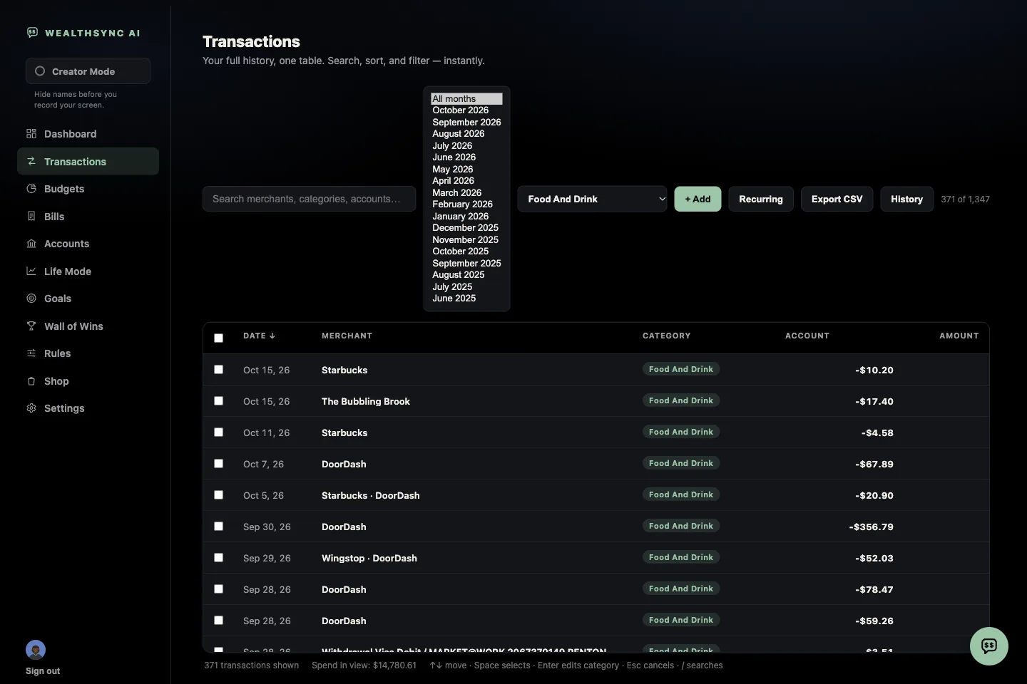The transaction month list running from October 2026 back to June 2025