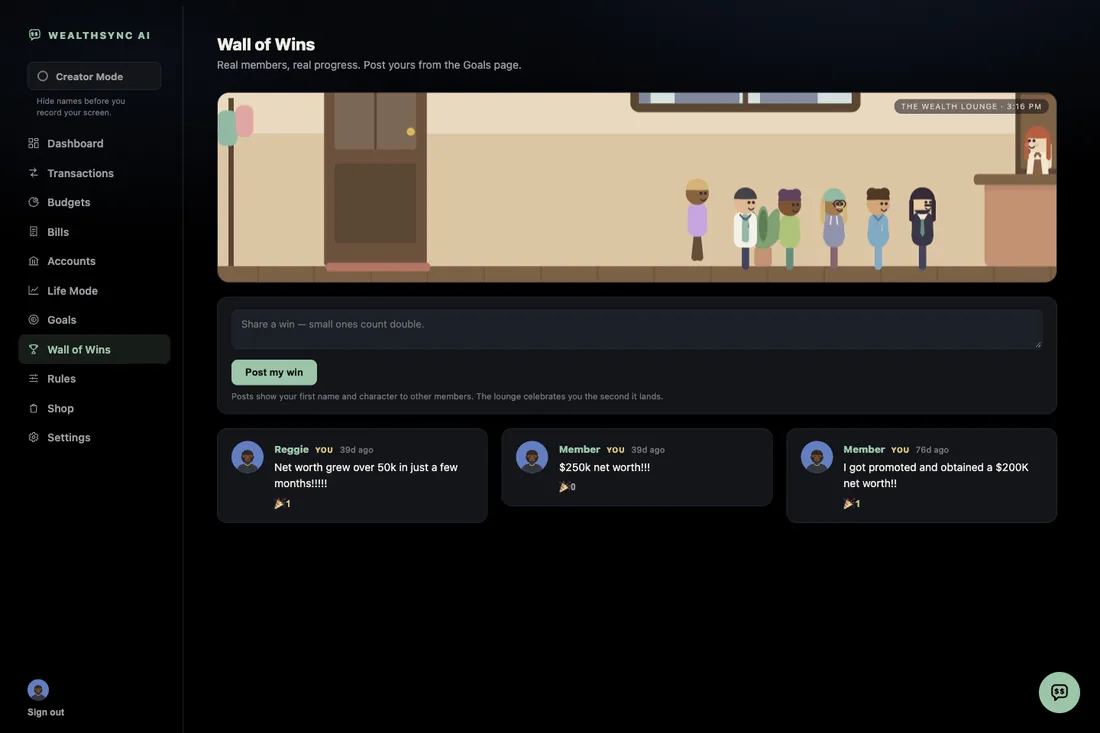 The Wall of Wins, where WealthSync AI members post real milestones